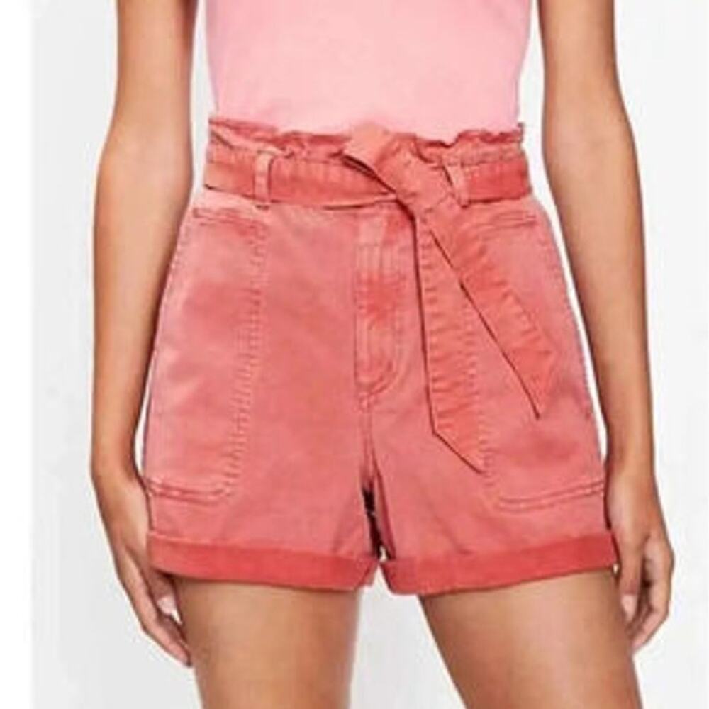 Loft Belted Paper Bag Shorts High Waisted Sz Small Coral Denim